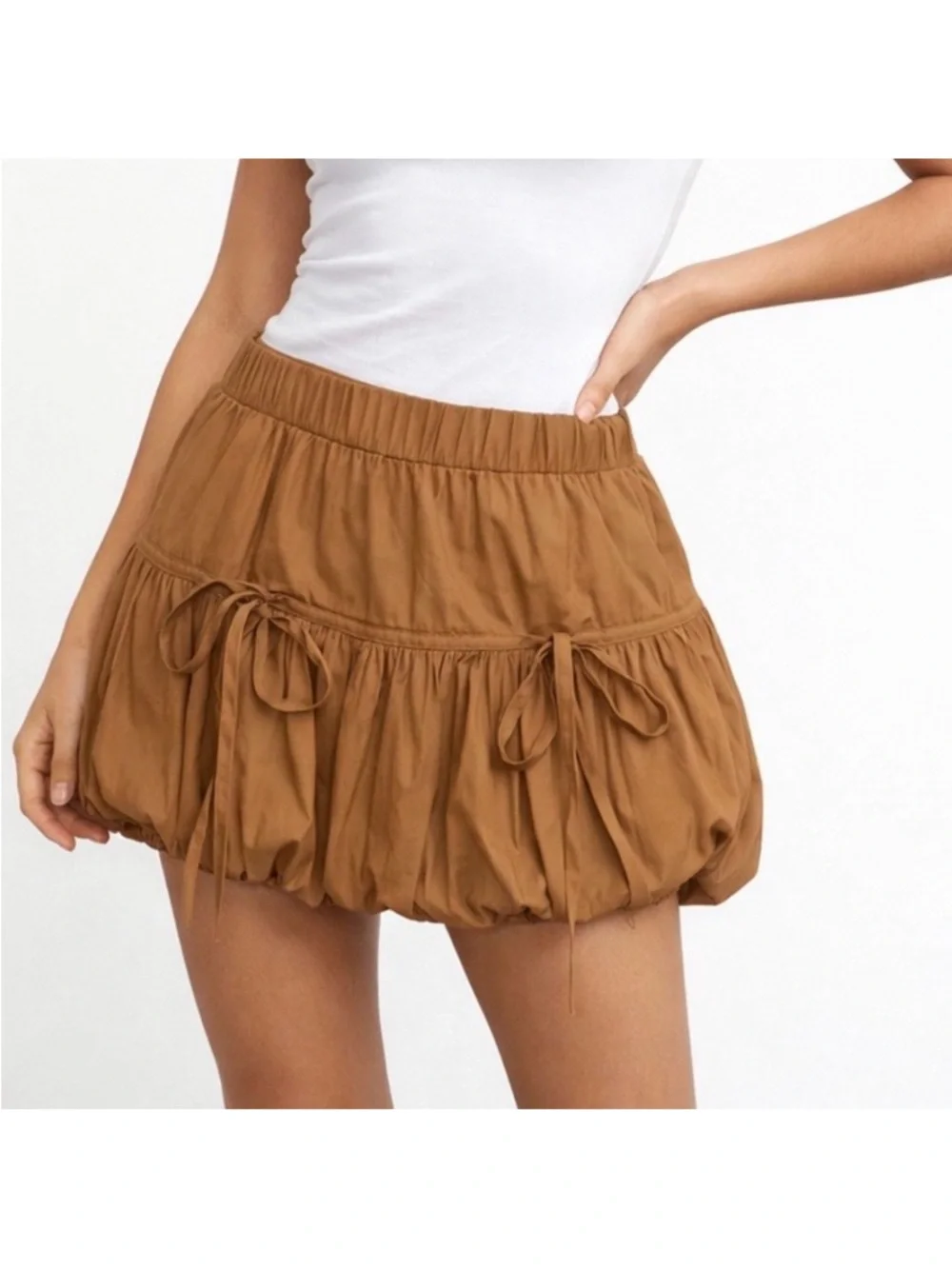 Cherry Mellow 100% Cotton Brown Y2K Ruched Bubble Bow Mini Skirt Size Large